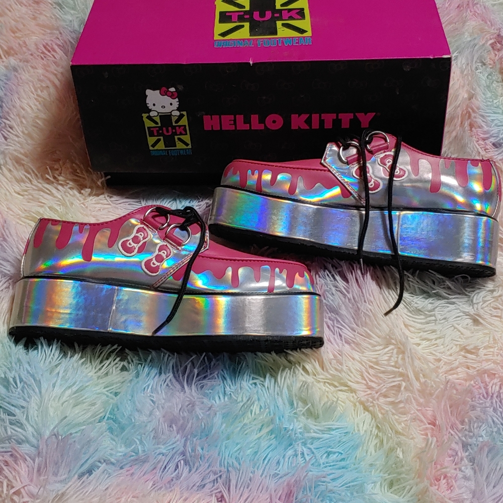 New T.U.K. Pink Holographic Hello kitty creepers US size 9
